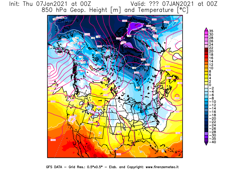 Mappa di analisi GFS - Geopotenziale [m] e Temperatura [°C] a 850 hPa in Nord-America
							del 07/01/2021 00 <!--googleoff: index-->UTC<!--googleon: index-->