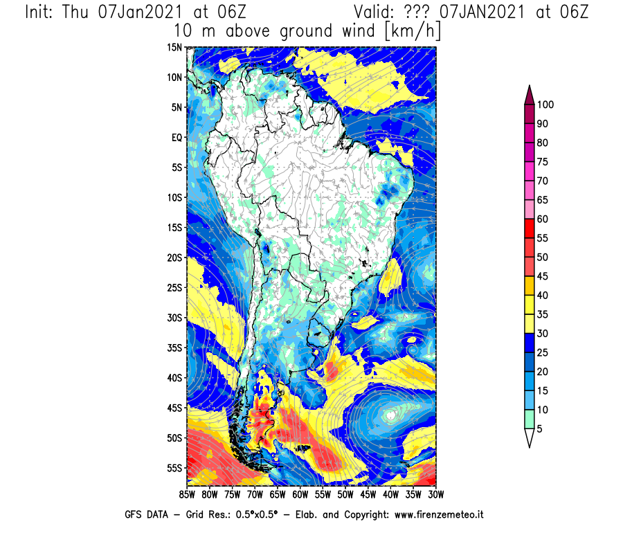 Mappa di analisi GFS - Velocità del vento a 10 metri dal suolo [km/h] in Sud-America
							del 07/01/2021 06 <!--googleoff: index-->UTC<!--googleon: index-->