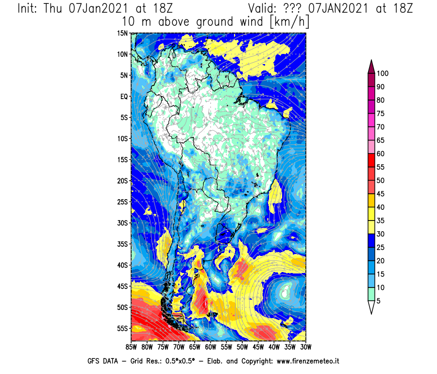 Mappa di analisi GFS - Velocità del vento a 10 metri dal suolo [km/h] in Sud-America
							del 07/01/2021 18 <!--googleoff: index-->UTC<!--googleon: index-->