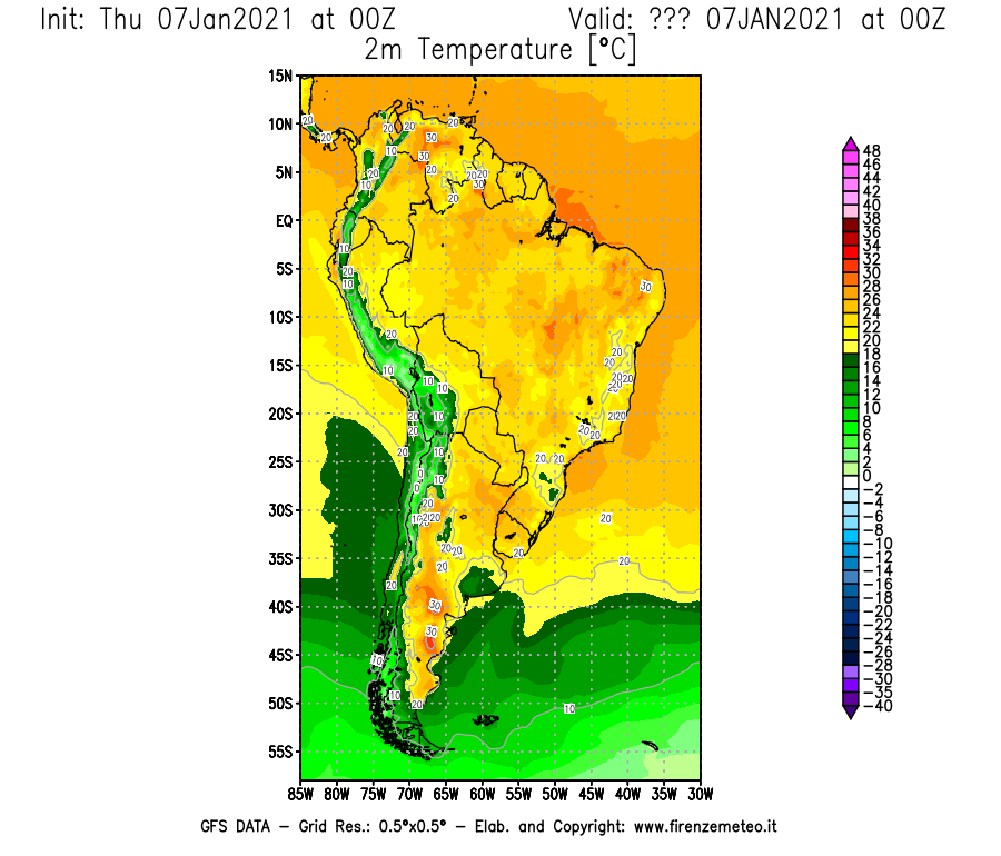 Mappa di analisi GFS - Temperatura a 2 metri dal suolo [°C] in Sud-America
							del 07/01/2021 00 <!--googleoff: index-->UTC<!--googleon: index-->