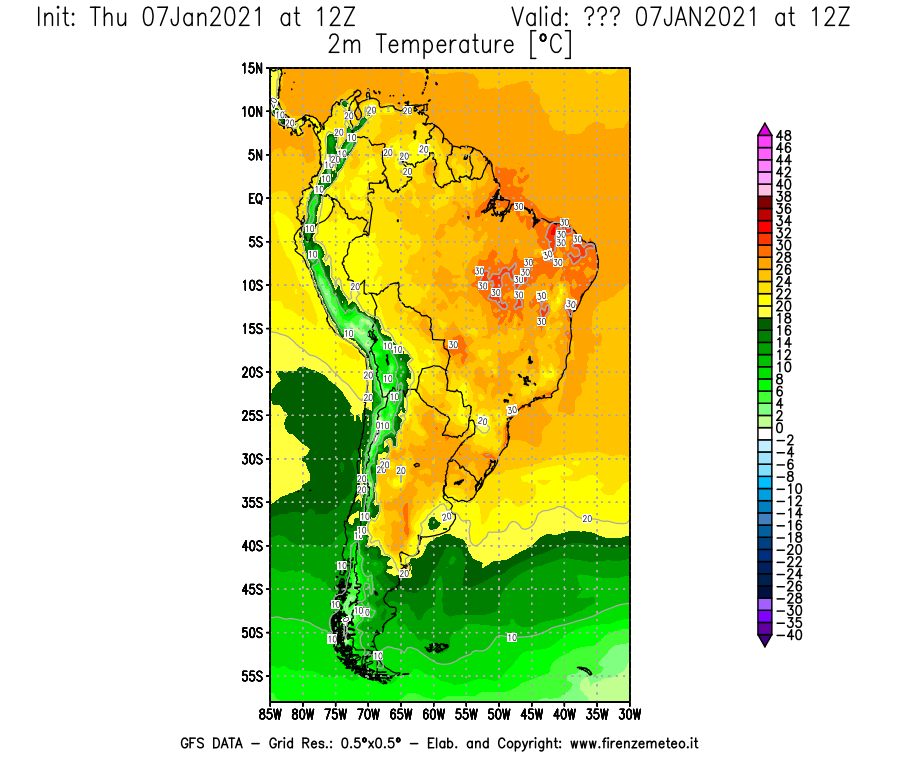 Mappa di analisi GFS - Temperatura a 2 metri dal suolo [°C] in Sud-America
							del 07/01/2021 12 <!--googleoff: index-->UTC<!--googleon: index-->