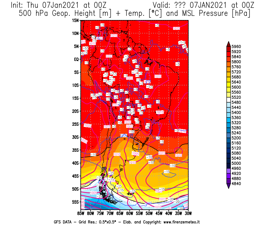 Mappa di analisi GFS - Geopotenziale [m] + Temp. [°C] a 500 hPa + Press. a livello del mare [hPa] in Sud-America
							del 07/01/2021 00 <!--googleoff: index-->UTC<!--googleon: index-->