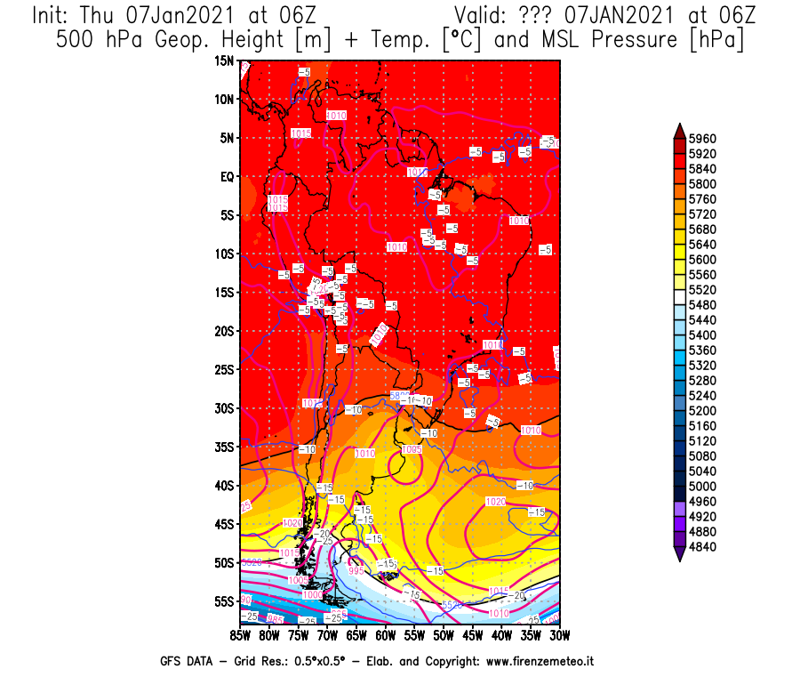 Mappa di analisi GFS - Geopotenziale [m] + Temp. [°C] a 500 hPa + Press. a livello del mare [hPa] in Sud-America
							del 07/01/2021 06 <!--googleoff: index-->UTC<!--googleon: index-->
