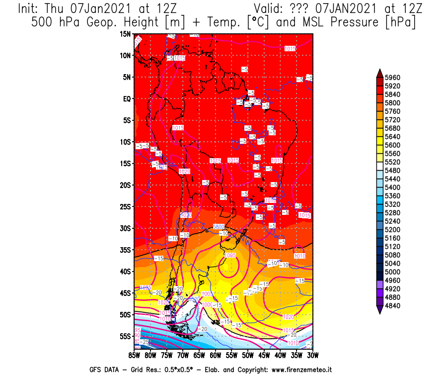 Mappa di analisi GFS - Geopotenziale [m] + Temp. [°C] a 500 hPa + Press. a livello del mare [hPa] in Sud-America
							del 07/01/2021 12 <!--googleoff: index-->UTC<!--googleon: index-->