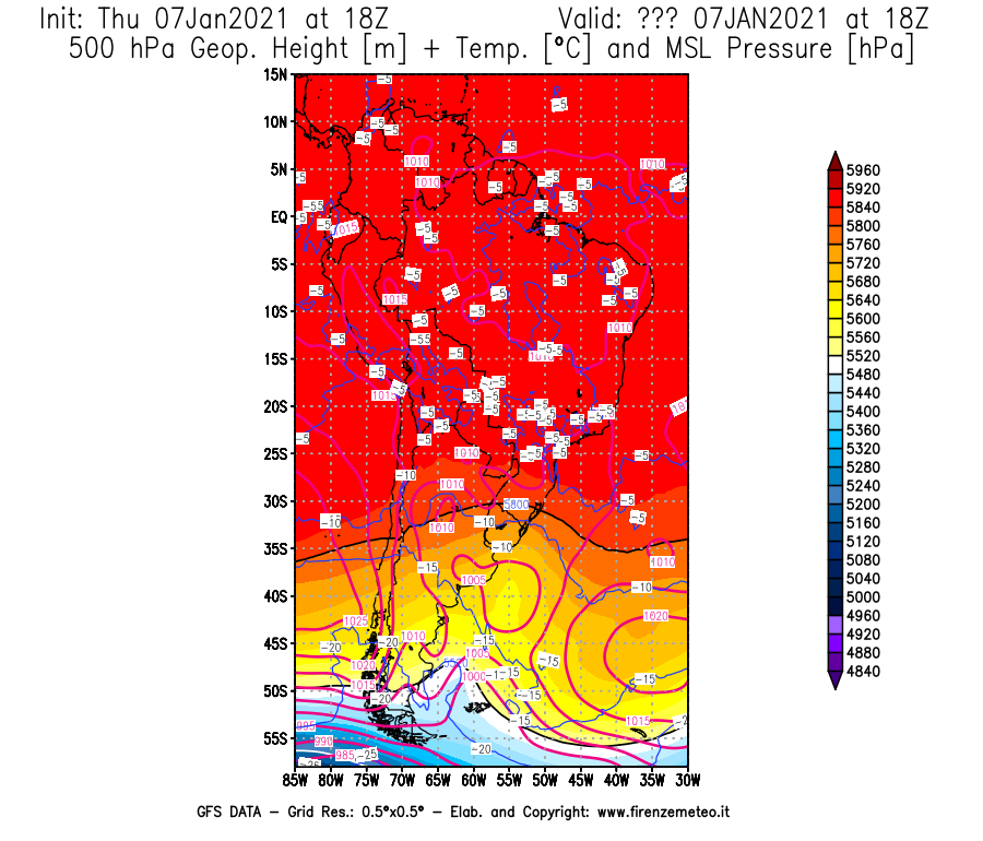 Mappa di analisi GFS - Geopotenziale [m] + Temp. [°C] a 500 hPa + Press. a livello del mare [hPa] in Sud-America
							del 07/01/2021 18 <!--googleoff: index-->UTC<!--googleon: index-->
