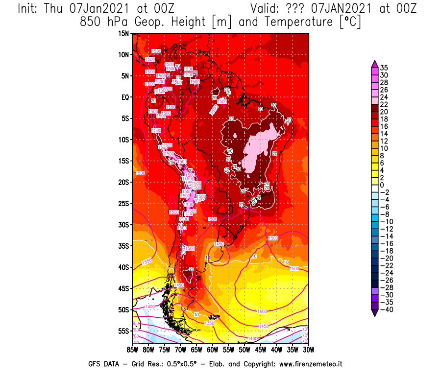 Mappa di analisi GFS - Geopotenziale [m] e Temperatura [°C] a 850 hPa in Sud-America
							del 07/01/2021 00 <!--googleoff: index-->UTC<!--googleon: index-->