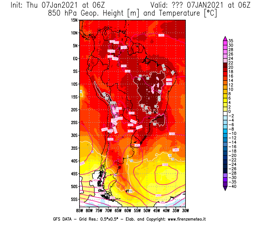 Mappa di analisi GFS - Geopotenziale [m] e Temperatura [°C] a 850 hPa in Sud-America
							del 07/01/2021 06 <!--googleoff: index-->UTC<!--googleon: index-->