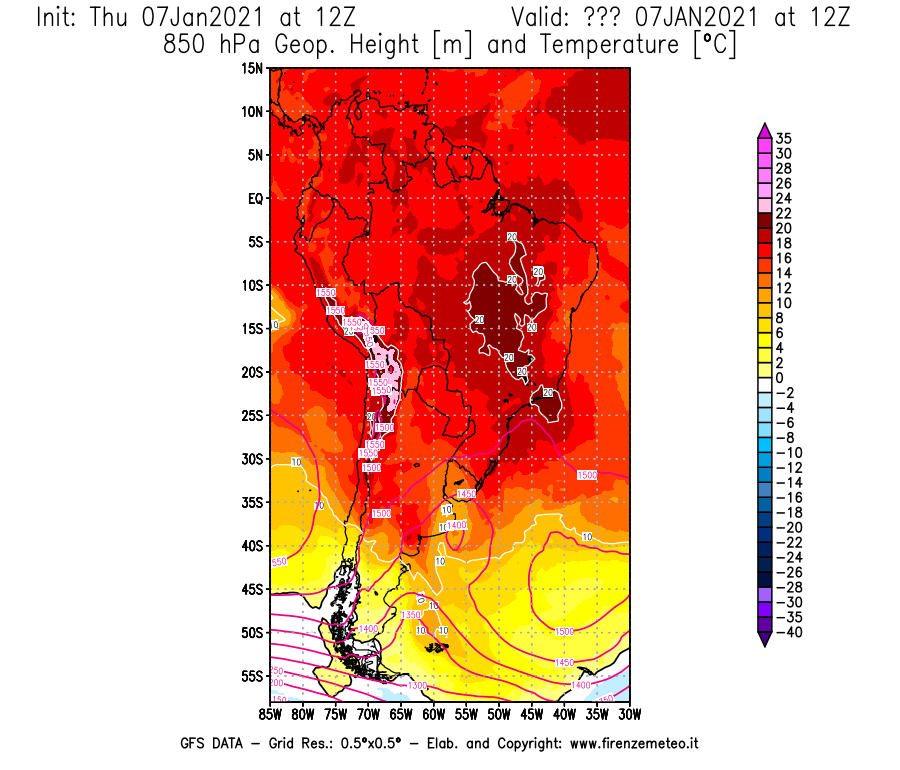 Mappa di analisi GFS - Geopotenziale [m] e Temperatura [°C] a 850 hPa in Sud-America
							del 07/01/2021 12 <!--googleoff: index-->UTC<!--googleon: index-->