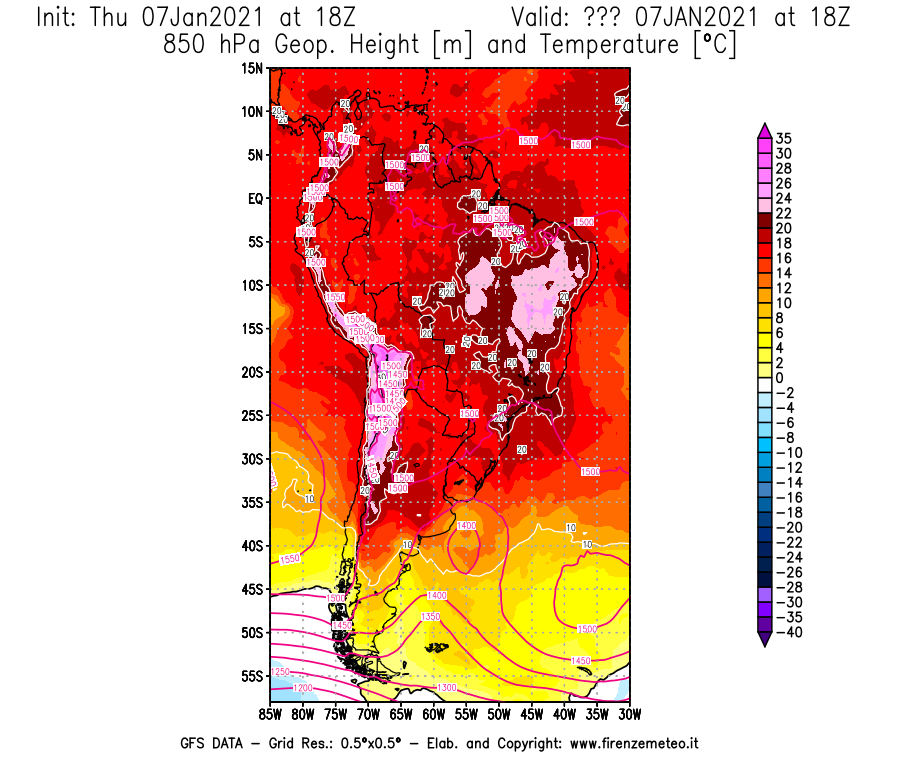 Mappa di analisi GFS - Geopotenziale [m] e Temperatura [°C] a 850 hPa in Sud-America
							del 07/01/2021 18 <!--googleoff: index-->UTC<!--googleon: index-->