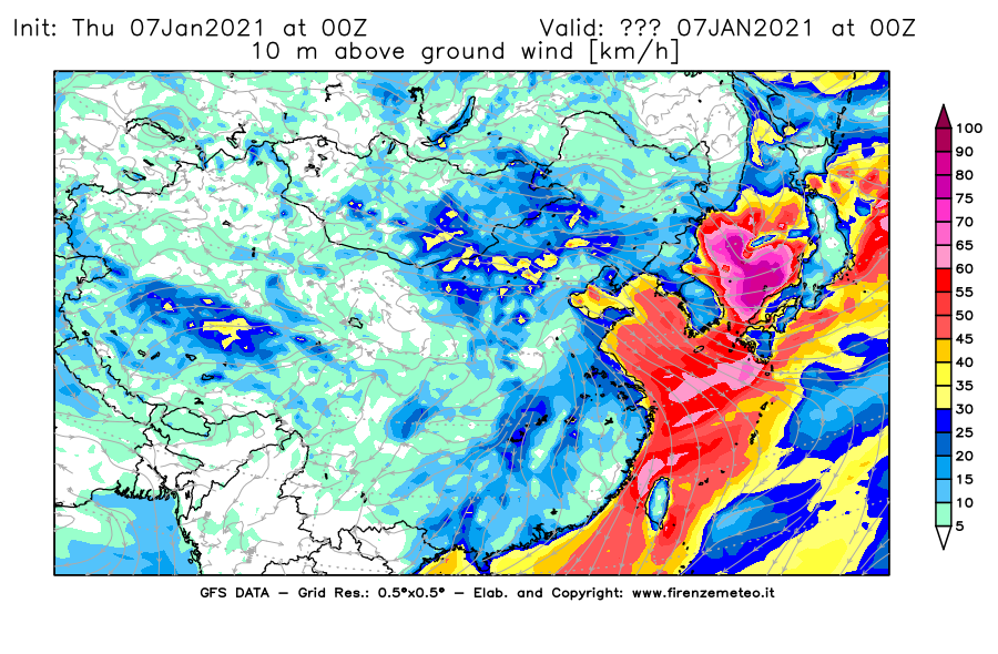 Mappa di analisi GFS - Velocità del vento a 10 metri dal suolo [km/h] in Asia Orientale
							del 07/01/2021 00 <!--googleoff: index-->UTC<!--googleon: index-->