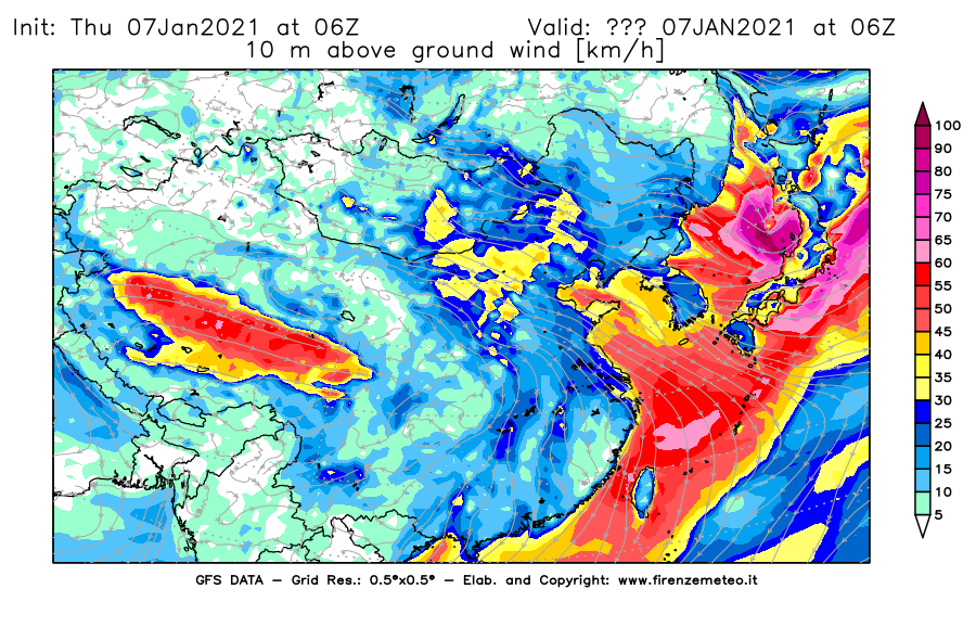Mappa di analisi GFS - Velocità del vento a 10 metri dal suolo [km/h] in Asia Orientale
							del 07/01/2021 06 <!--googleoff: index-->UTC<!--googleon: index-->