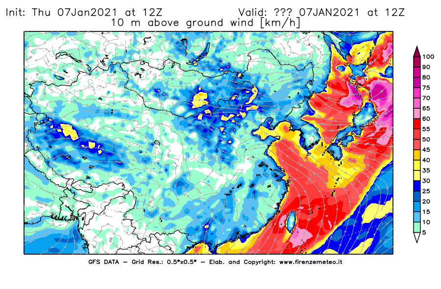 Mappa di analisi GFS - Velocità del vento a 10 metri dal suolo [km/h] in Asia Orientale
							del 07/01/2021 12 <!--googleoff: index-->UTC<!--googleon: index-->