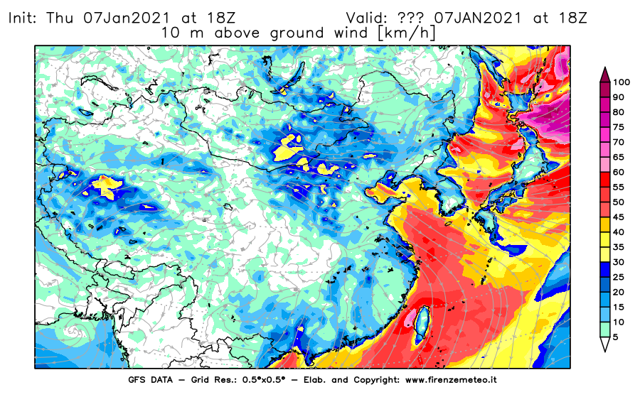 Mappa di analisi GFS - Velocità del vento a 10 metri dal suolo [km/h] in Asia Orientale
							del 07/01/2021 18 <!--googleoff: index-->UTC<!--googleon: index-->