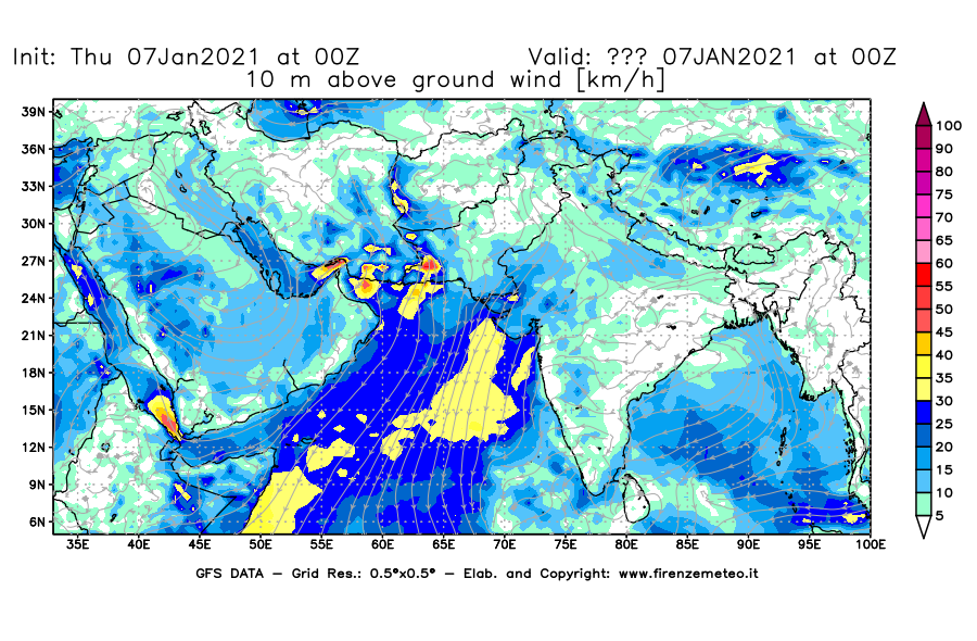 Mappa di analisi GFS - Velocità del vento a 10 metri dal suolo [km/h] in Asia Sud-Occidentale
							del 07/01/2021 00 <!--googleoff: index-->UTC<!--googleon: index-->