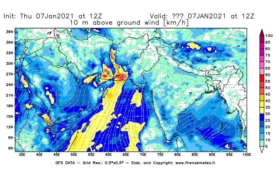 Mappa di analisi GFS - Velocità del vento a 10 metri dal suolo [km/h] in Asia Sud-Occidentale
							del 07/01/2021 12 <!--googleoff: index-->UTC<!--googleon: index-->