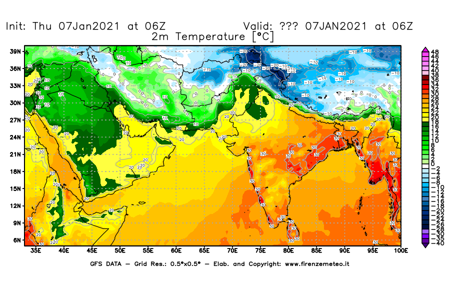 Mappa di analisi GFS - Temperatura a 2 metri dal suolo [°C] in Asia Sud-Occidentale
							del 07/01/2021 06 <!--googleoff: index-->UTC<!--googleon: index-->