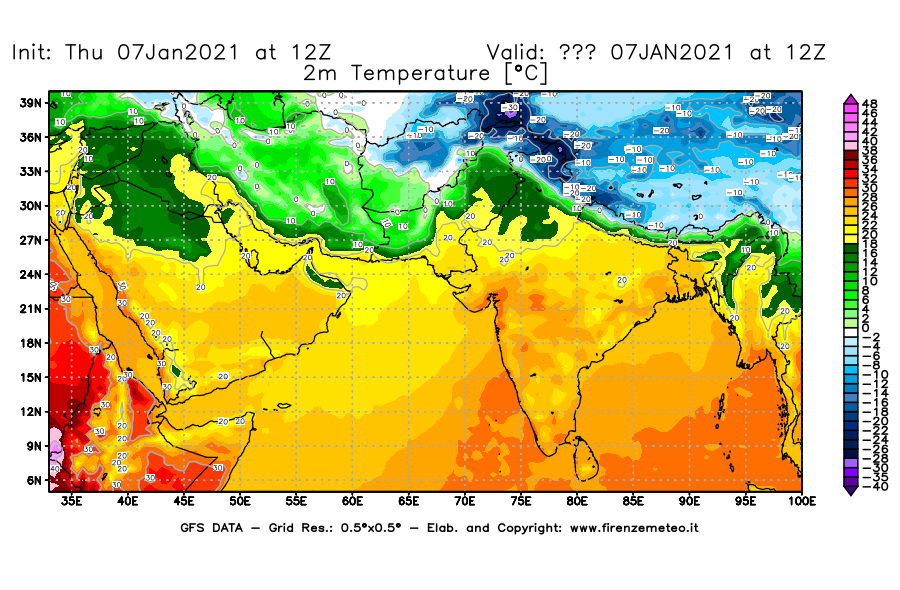 Mappa di analisi GFS - Temperatura a 2 metri dal suolo [°C] in Asia Sud-Occidentale
							del 07/01/2021 12 <!--googleoff: index-->UTC<!--googleon: index-->