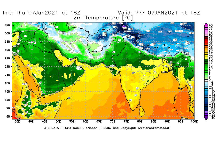 Mappa di analisi GFS - Temperatura a 2 metri dal suolo [°C] in Asia Sud-Occidentale
							del 07/01/2021 18 <!--googleoff: index-->UTC<!--googleon: index-->