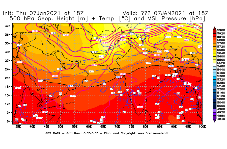 Mappa di analisi GFS - Geopotenziale [m] + Temp. [°C] a 500 hPa + Press. a livello del mare [hPa] in Asia Sud-Occidentale
							del 07/01/2021 18 <!--googleoff: index-->UTC<!--googleon: index-->