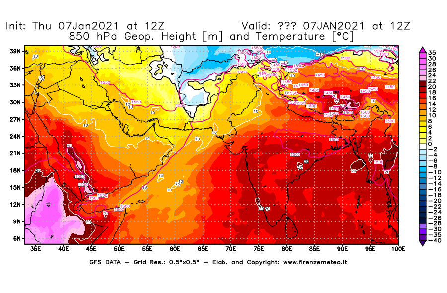 Mappa di analisi GFS - Geopotenziale [m] e Temperatura [°C] a 850 hPa in Asia Sud-Occidentale
							del 07/01/2021 12 <!--googleoff: index-->UTC<!--googleon: index-->