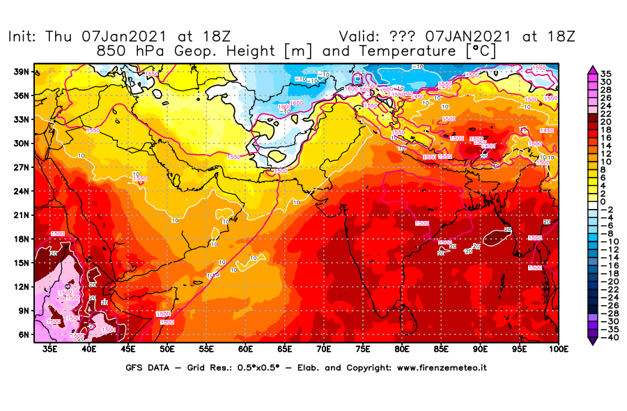 Mappa di analisi GFS - Geopotenziale [m] e Temperatura [°C] a 850 hPa in Asia Sud-Occidentale
							del 07/01/2021 18 <!--googleoff: index-->UTC<!--googleon: index-->
