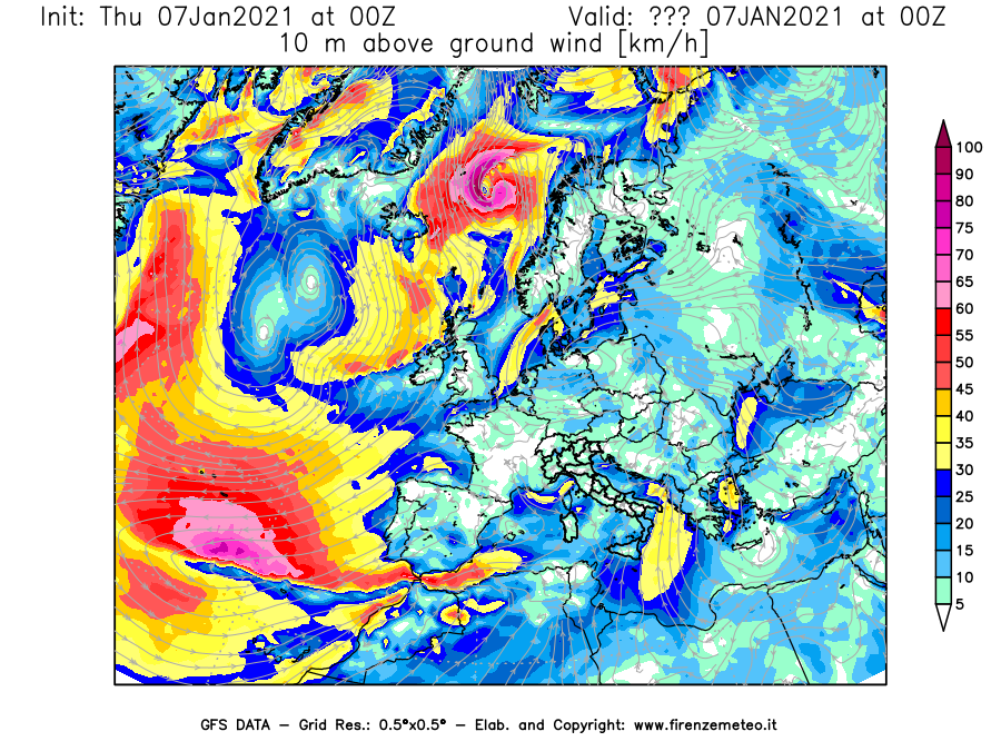 Mappa di analisi GFS - Velocità del vento a 10 metri dal suolo [km/h] in Europa
							del 07/01/2021 00 <!--googleoff: index-->UTC<!--googleon: index-->