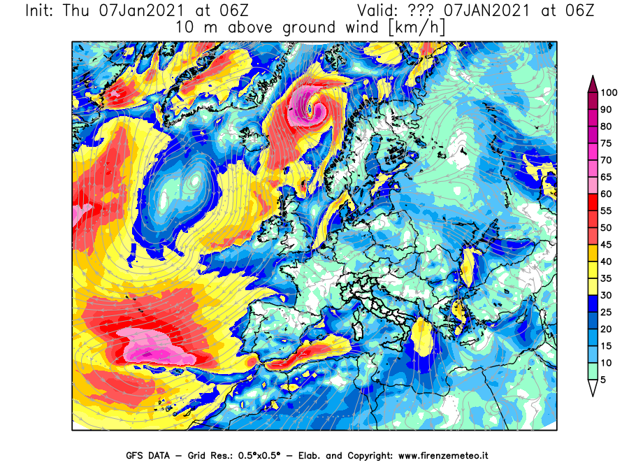 Mappa di analisi GFS - Velocità del vento a 10 metri dal suolo [km/h] in Europa
							del 07/01/2021 06 <!--googleoff: index-->UTC<!--googleon: index-->