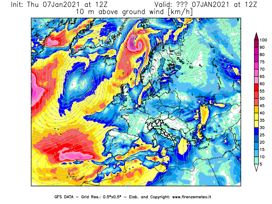 Mappa di analisi GFS - Velocità del vento a 10 metri dal suolo [km/h] in Europa
							del 07/01/2021 12 <!--googleoff: index-->UTC<!--googleon: index-->