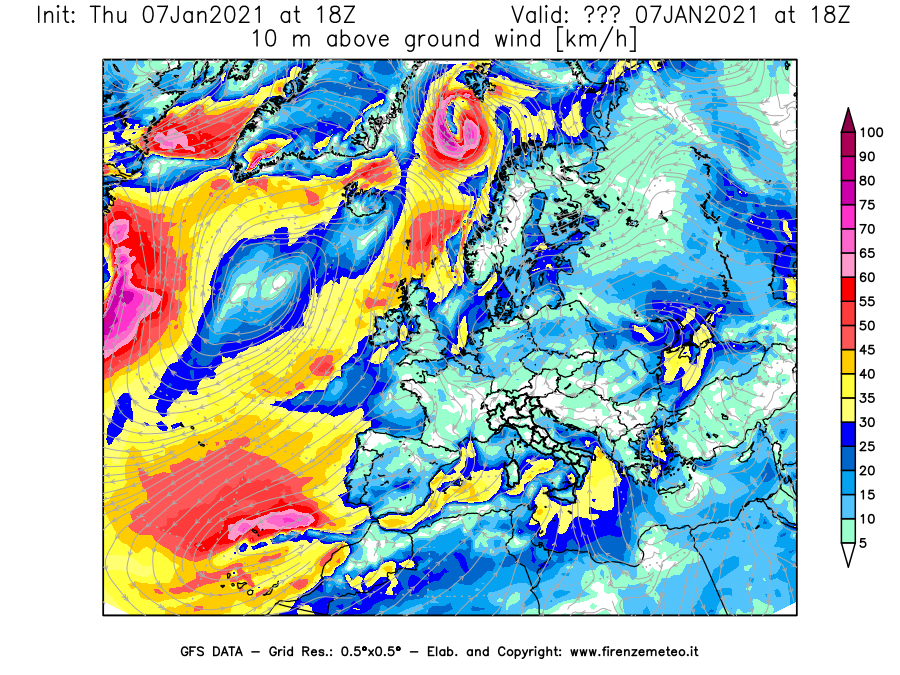 Mappa di analisi GFS - Velocità del vento a 10 metri dal suolo [km/h] in Europa
							del 07/01/2021 18 <!--googleoff: index-->UTC<!--googleon: index-->