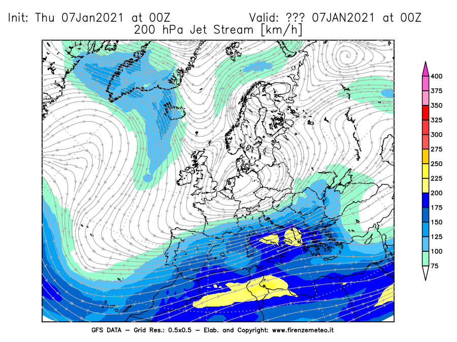 Mappa di analisi GFS - Jet Stream a 200 hPa in Europa
							del 07/01/2021 00 <!--googleoff: index-->UTC<!--googleon: index-->