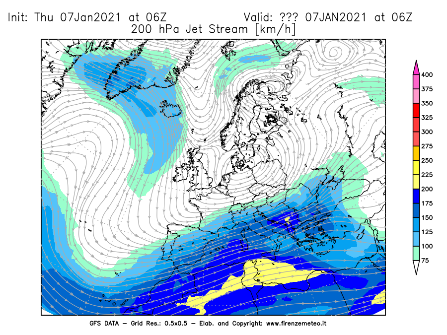 Mappa di analisi GFS - Jet Stream a 200 hPa in Europa
							del 07/01/2021 06 <!--googleoff: index-->UTC<!--googleon: index-->