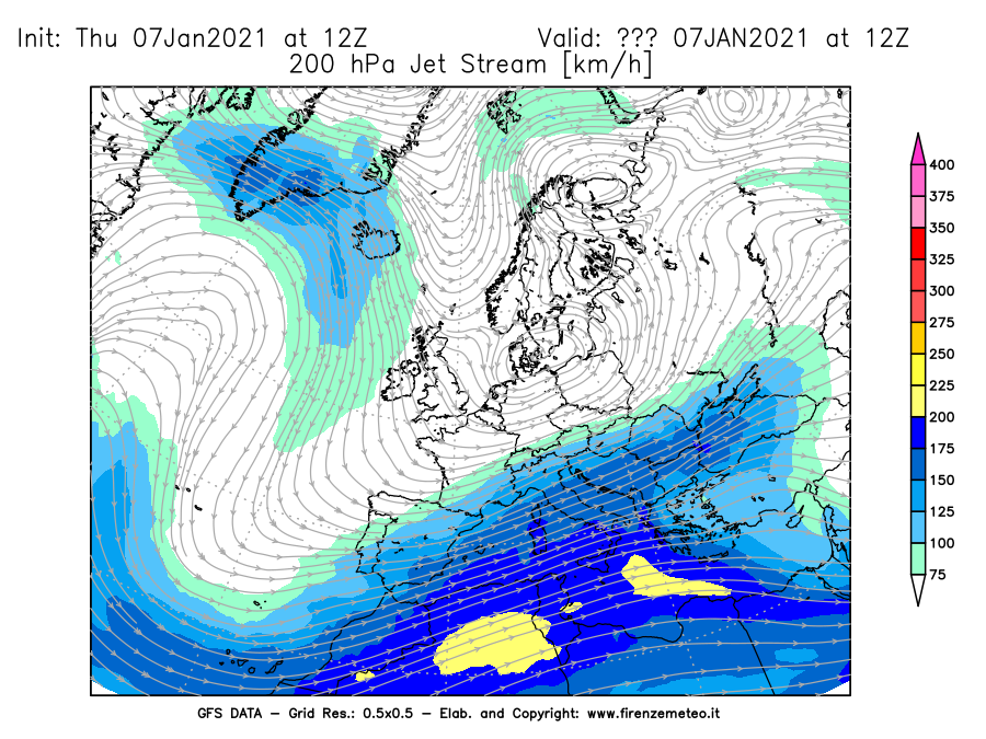 Mappa di analisi GFS - Jet Stream a 200 hPa in Europa
							del 07/01/2021 12 <!--googleoff: index-->UTC<!--googleon: index-->