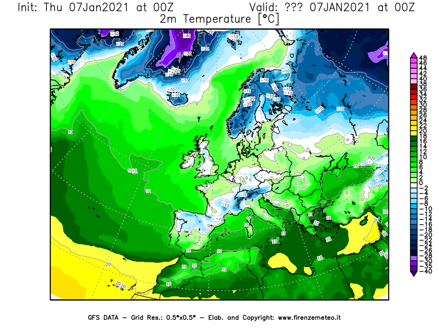 Mappa di analisi GFS - Temperatura a 2 metri dal suolo [°C] in Europa
							del 07/01/2021 00 <!--googleoff: index-->UTC<!--googleon: index-->