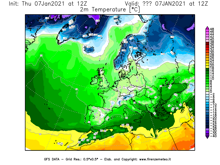 Mappa di analisi GFS - Temperatura a 2 metri dal suolo [°C] in Europa
							del 07/01/2021 12 <!--googleoff: index-->UTC<!--googleon: index-->