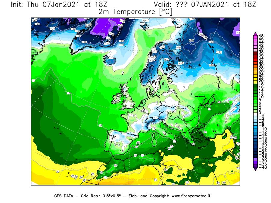 Mappa di analisi GFS - Temperatura a 2 metri dal suolo [°C] in Europa
							del 07/01/2021 18 <!--googleoff: index-->UTC<!--googleon: index-->