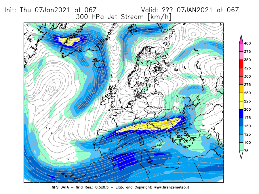 Mappa di analisi GFS - Jet Stream a 300 hPa in Europa
							del 07/01/2021 06 <!--googleoff: index-->UTC<!--googleon: index-->