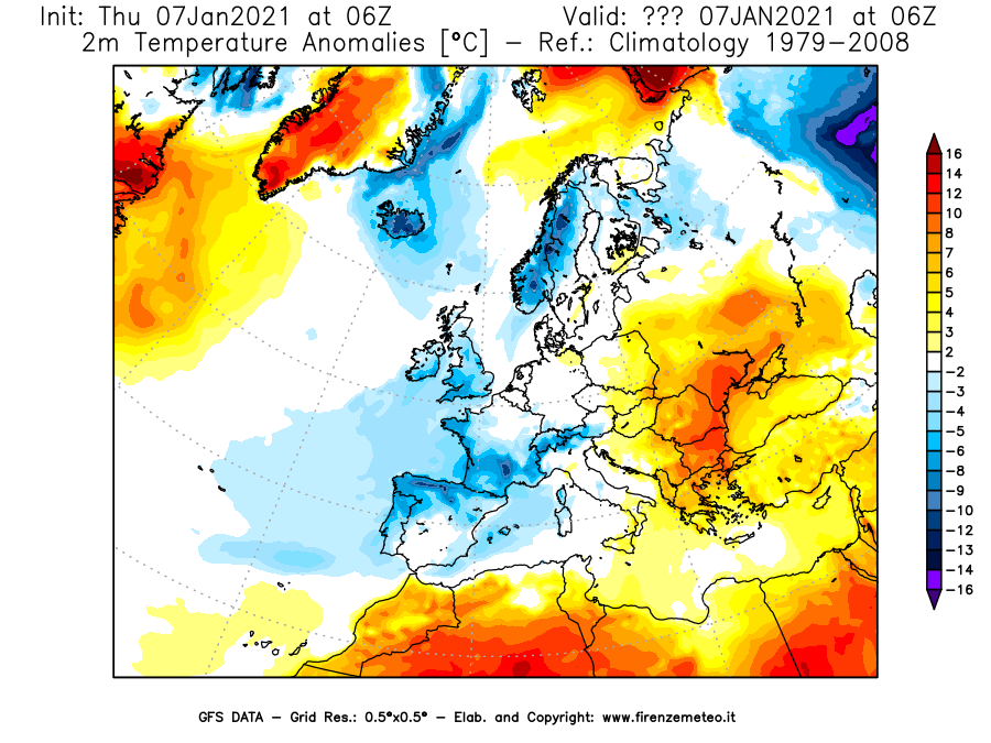 Mappa di analisi GFS - Anomalia Temperatura [°C] a 2 m in Europa
							del 07/01/2021 06 <!--googleoff: index-->UTC<!--googleon: index-->