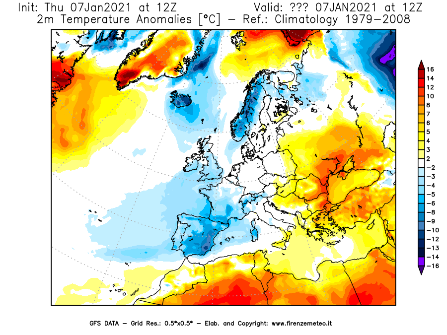 Mappa di analisi GFS - Anomalia Temperatura [°C] a 2 m in Europa
							del 07/01/2021 12 <!--googleoff: index-->UTC<!--googleon: index-->