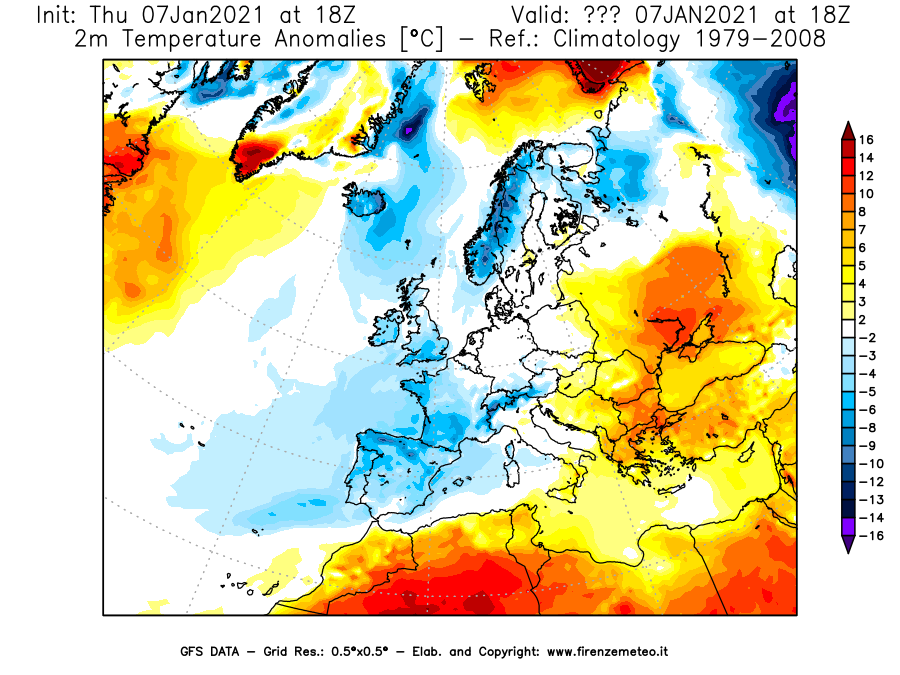 Mappa di analisi GFS - Anomalia Temperatura [°C] a 2 m in Europa
							del 07/01/2021 18 <!--googleoff: index-->UTC<!--googleon: index-->