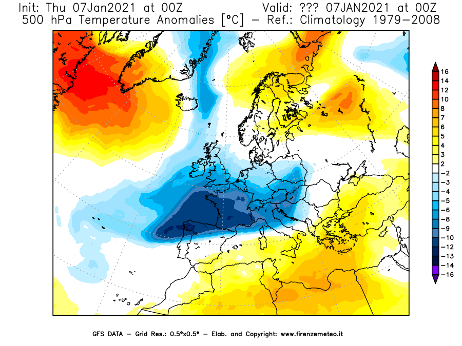 Mappa di analisi GFS - Anomalia Temperatura [°C] a 500 hPa in Europa
							del 07/01/2021 00 <!--googleoff: index-->UTC<!--googleon: index-->