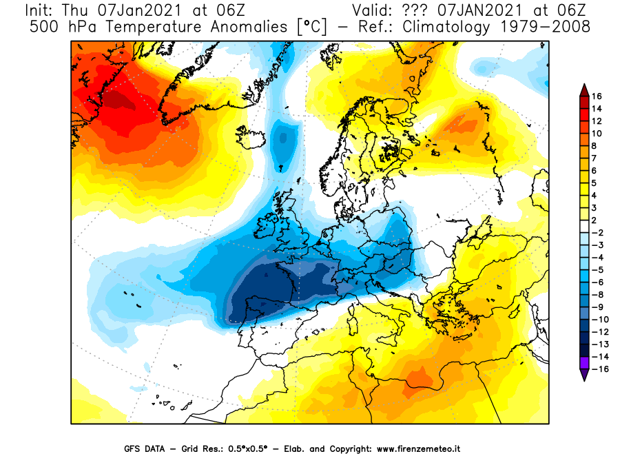 Mappa di analisi GFS - Anomalia Temperatura [°C] a 500 hPa in Europa
							del 07/01/2021 06 <!--googleoff: index-->UTC<!--googleon: index-->
