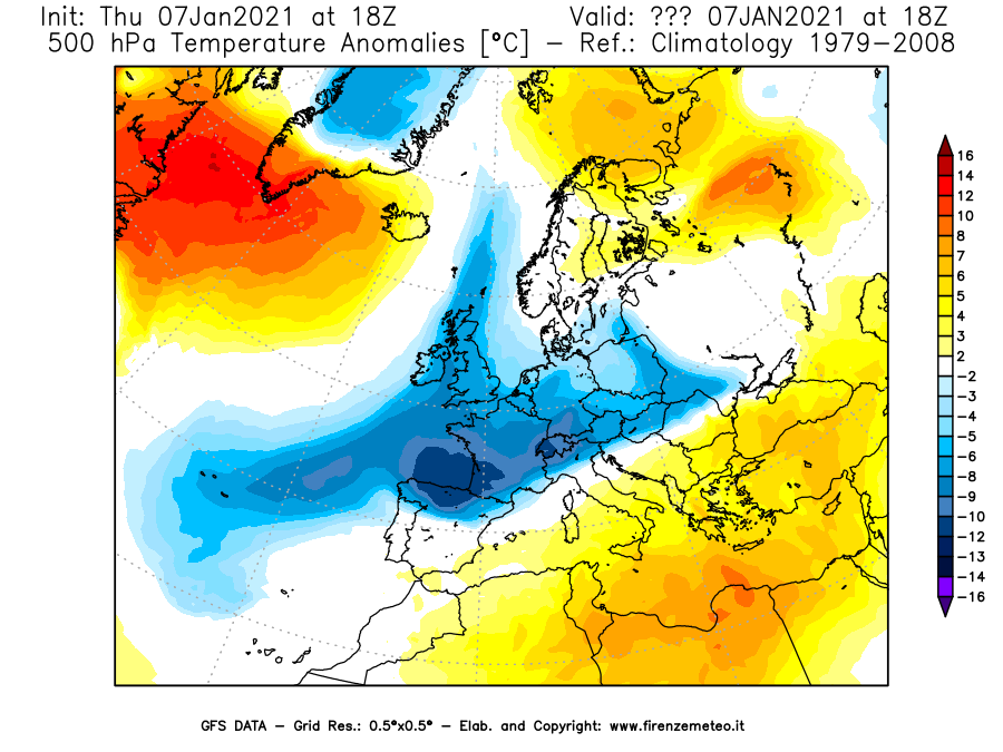 Mappa di analisi GFS - Anomalia Temperatura [°C] a 500 hPa in Europa
							del 07/01/2021 18 <!--googleoff: index-->UTC<!--googleon: index-->