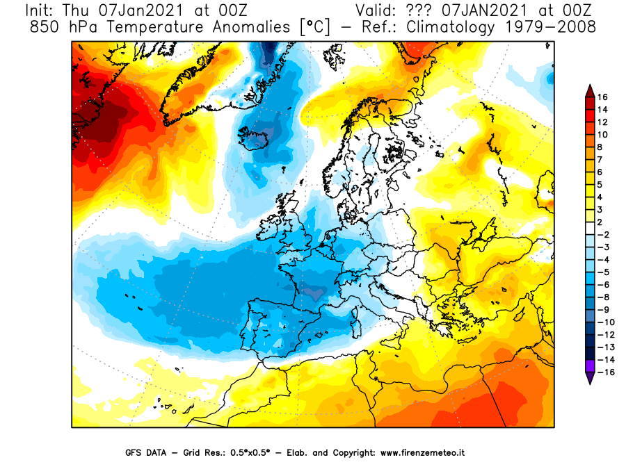 Mappa di analisi GFS - Anomalia Temperatura [°C] a 850 hPa in Europa
							del 07/01/2021 00 <!--googleoff: index-->UTC<!--googleon: index-->