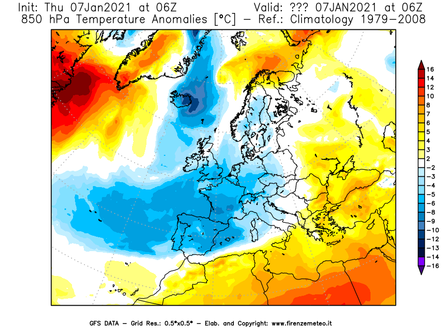 Mappa di analisi GFS - Anomalia Temperatura [°C] a 850 hPa in Europa
							del 07/01/2021 06 <!--googleoff: index-->UTC<!--googleon: index-->