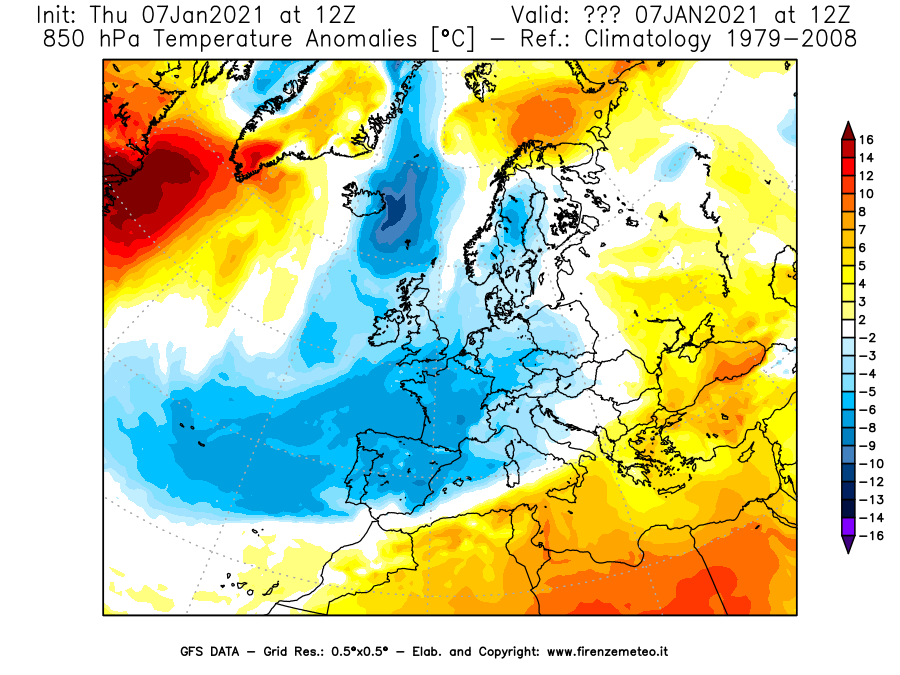 Mappa di analisi GFS - Anomalia Temperatura [°C] a 850 hPa in Europa
							del 07/01/2021 12 <!--googleoff: index-->UTC<!--googleon: index-->