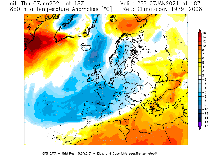 Mappa di analisi GFS - Anomalia Temperatura [°C] a 850 hPa in Europa
							del 07/01/2021 18 <!--googleoff: index-->UTC<!--googleon: index-->