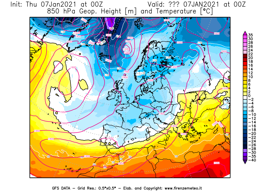 Mappa di analisi GFS - Geopotenziale [m] e Temperatura [°C] a 850 hPa in Europa
							del 07/01/2021 00 <!--googleoff: index-->UTC<!--googleon: index-->