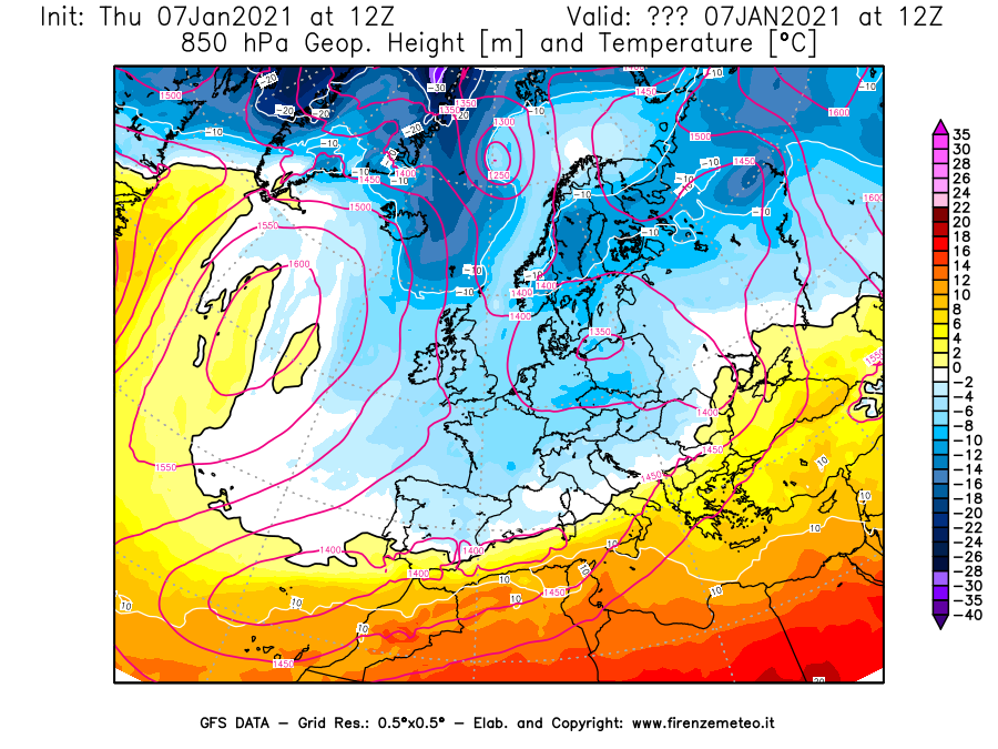 Mappa di analisi GFS - Geopotenziale [m] e Temperatura [°C] a 850 hPa in Europa
							del 07/01/2021 12 <!--googleoff: index-->UTC<!--googleon: index-->