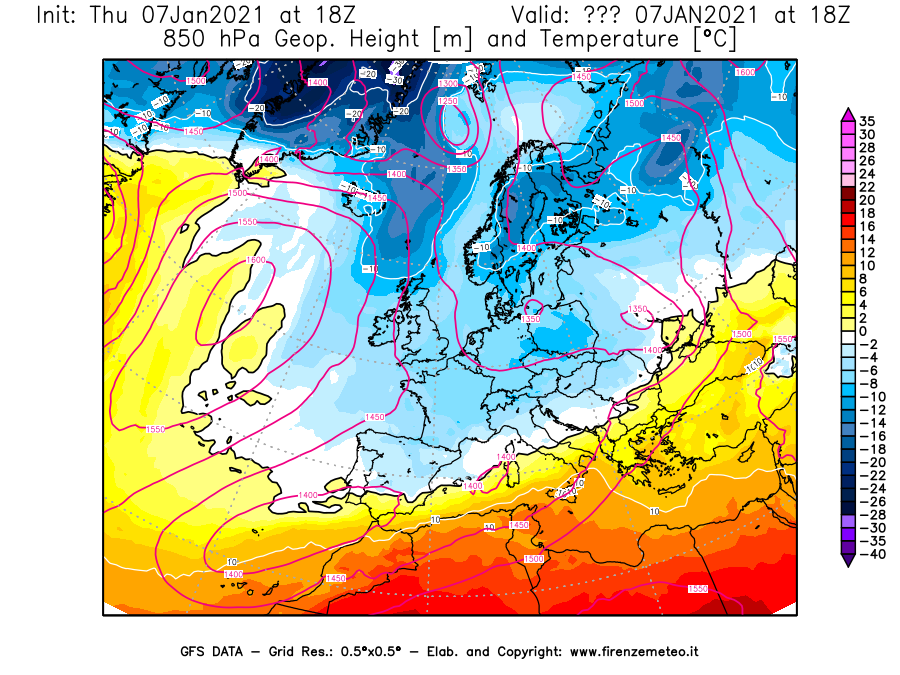 Mappa di analisi GFS - Geopotenziale [m] e Temperatura [°C] a 850 hPa in Europa
							del 07/01/2021 18 <!--googleoff: index-->UTC<!--googleon: index-->