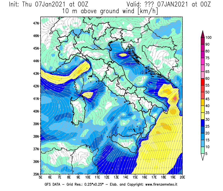 Mappa di analisi GFS - Velocità del vento a 10 metri dal suolo [km/h] in Italia
							del 07/01/2021 00 <!--googleoff: index-->UTC<!--googleon: index-->